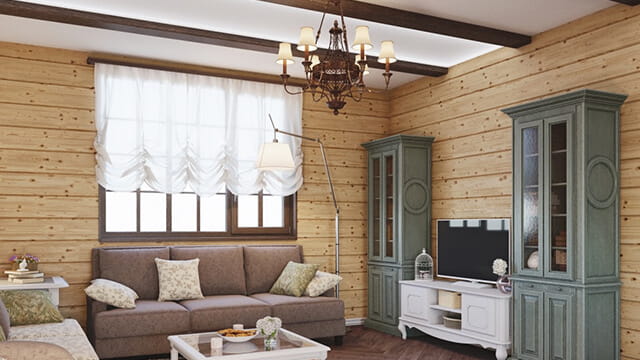 Гостиная в стиле прованс в бревенчатом доме